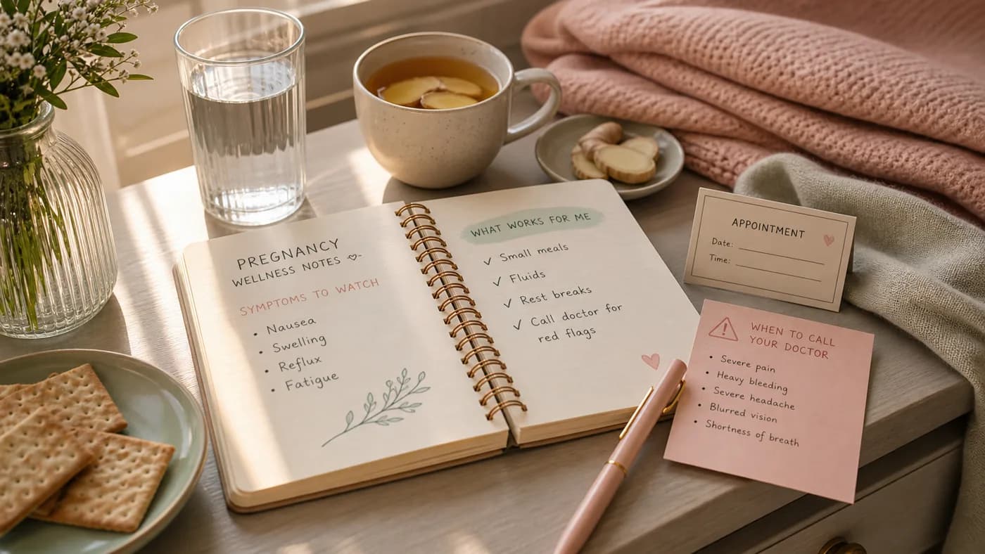 Cinematic pregnancy discomforts health topic image with water, crackers, ginger tea, appointment note, nausea, swelling, reflux, and red-flag cues
